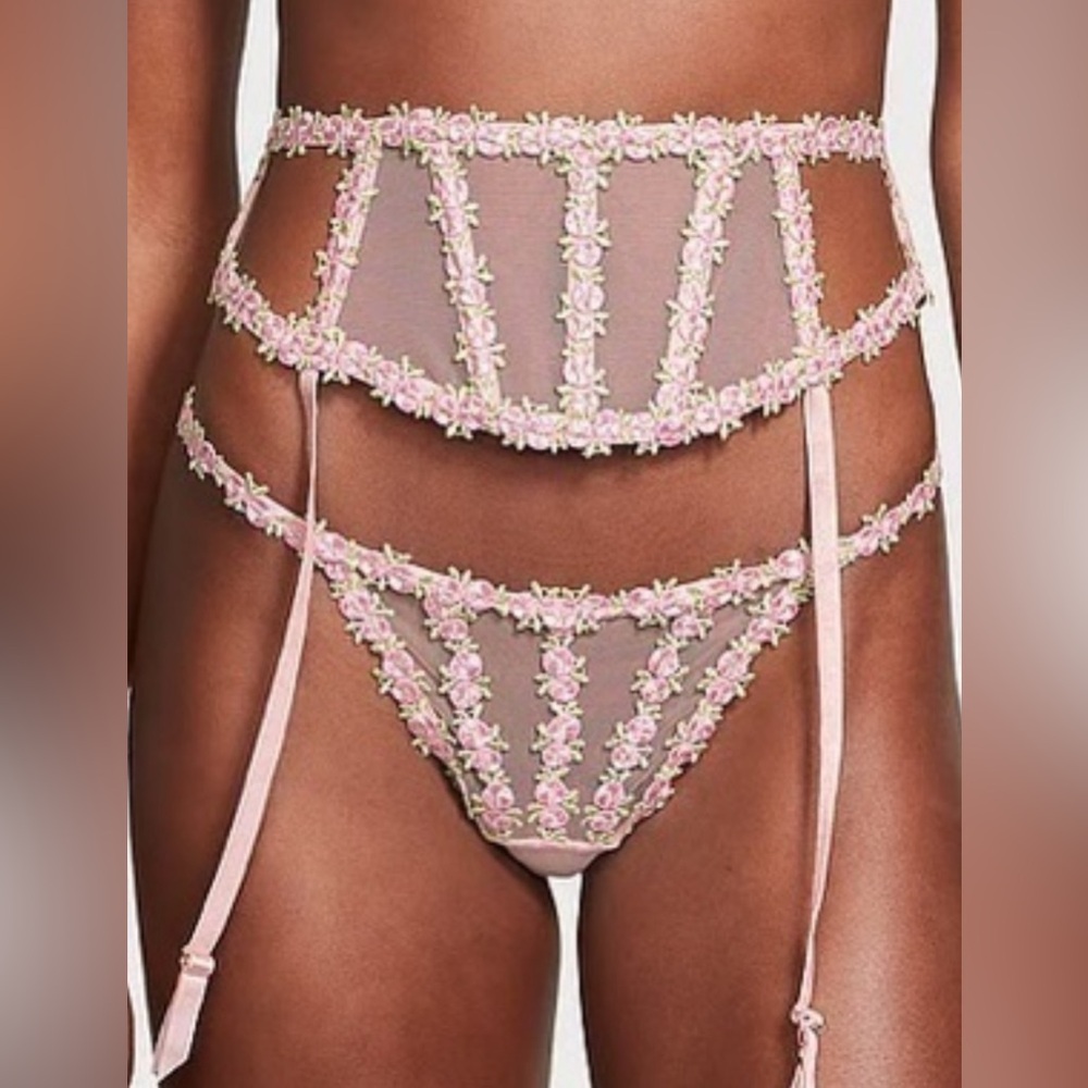Victoria's Secret Rosebud Embroidery 3 Set NWT Corset 36 DD panty L Garter XS/S - Picture 7 of 13